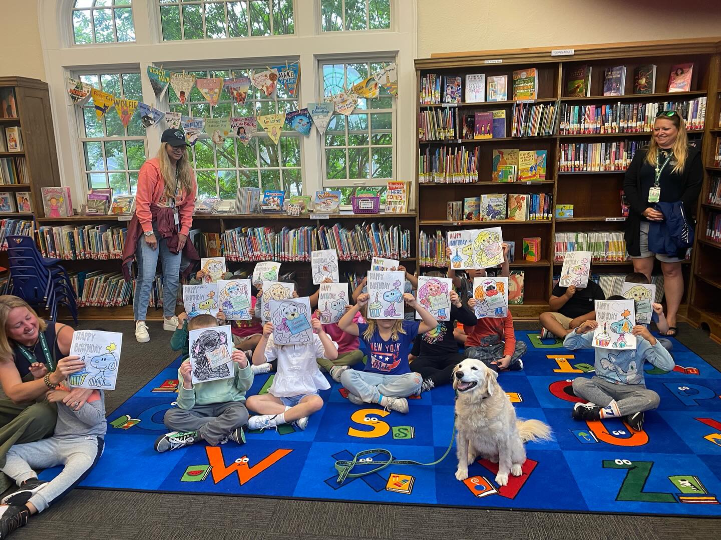 Today was Winston’s birthday party 🥳 and @belmar_elemantary came to celebrate with us! He got a pup cup, a new stuffie and a fun time with our visitors. 🎉
