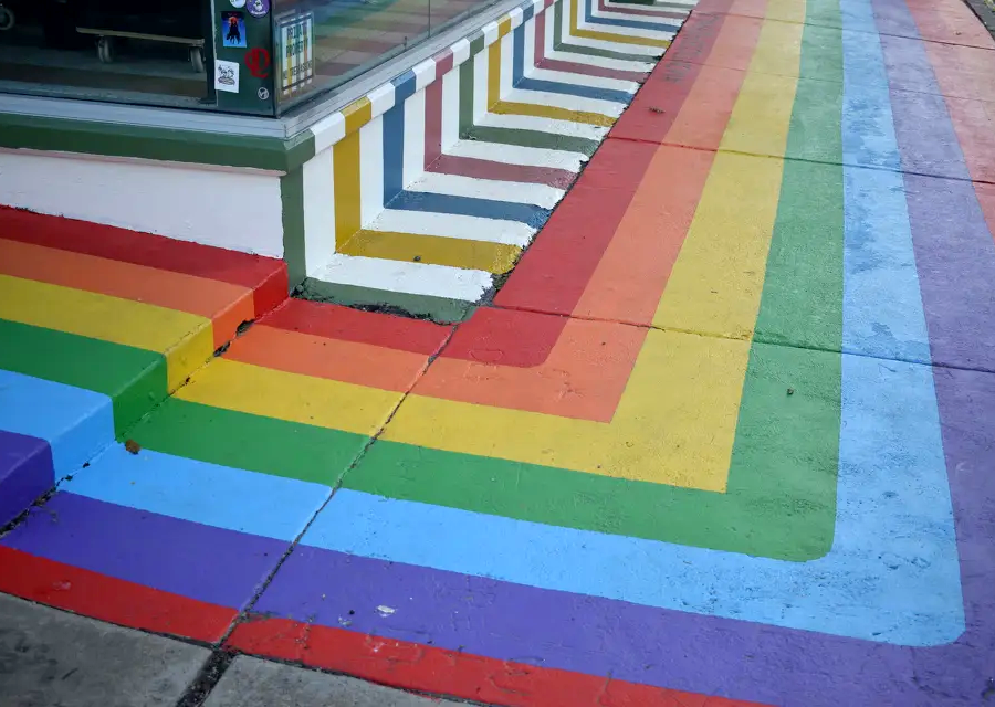Refreshed rainbow colors on the sidewalk in front of Pavement, a thrift store in Houston's Montrose neighborhood, on Oct. 27, 2025.Gwen Howerton/Chron.com