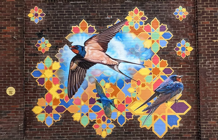 Eco Mural 14: Barn Swallows Location: S.S. Bernard LLC, 1004 South Saint Bernard St., Philadelphia, PA | Date: 2021 Artist: Designed, illustrated, and painted by Hagopian Arts